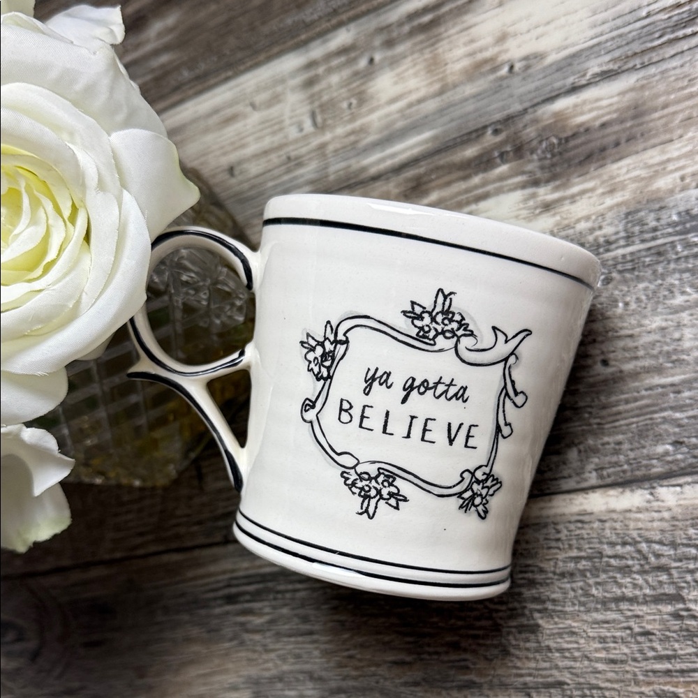 KATIE MANDY Elegant White Believe Coffee Mug “YA GOTTA BELIEVE”